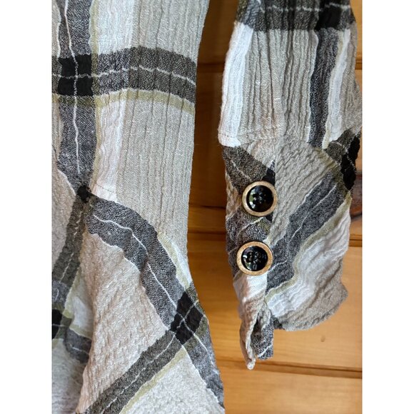 Habitat Womens Plaid Textured Linen Blend Top Size L Asymmetric Hem‎ Long Sleeve - Picture 5 of 12